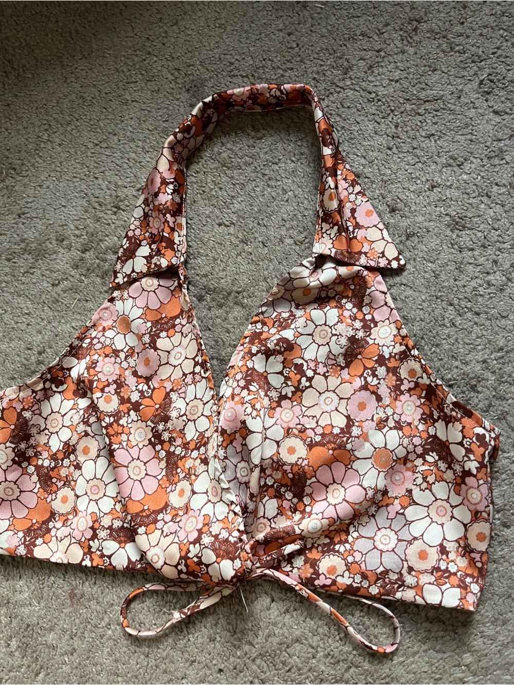 Floral Halter Tie-Front Crop Top in Brown & Pink - Picture 2 of 8